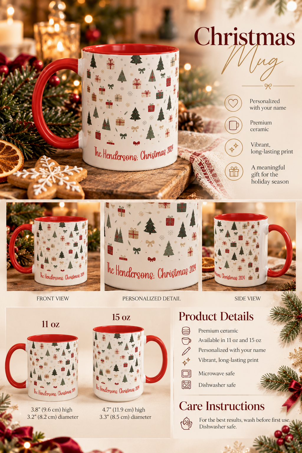 Personalized Christmas Trees and Gifts mug infographic with sizes, features and care instructions