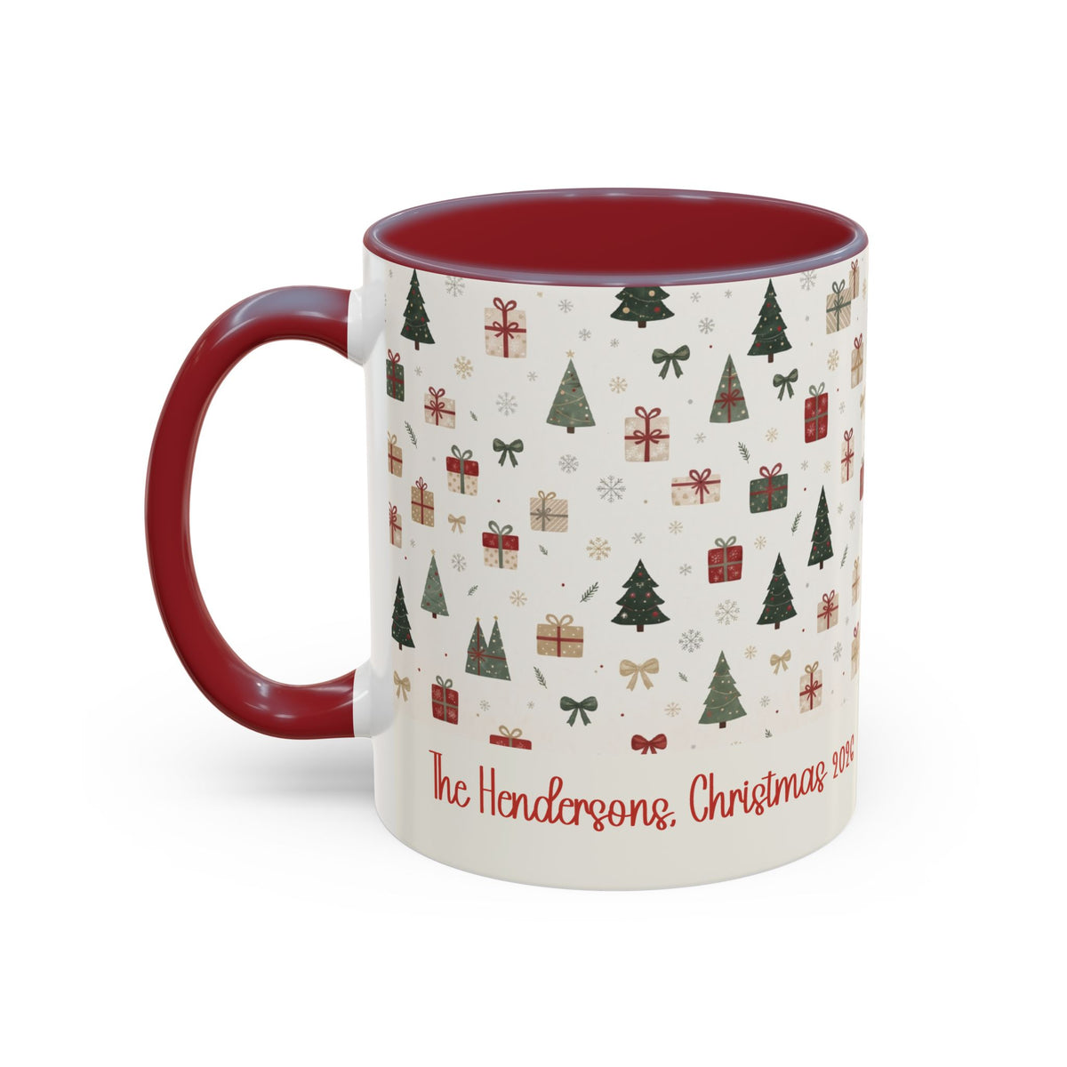 Maroon personalized Christmas Trees and Gifts mug, 11oz, side view with handle on the left