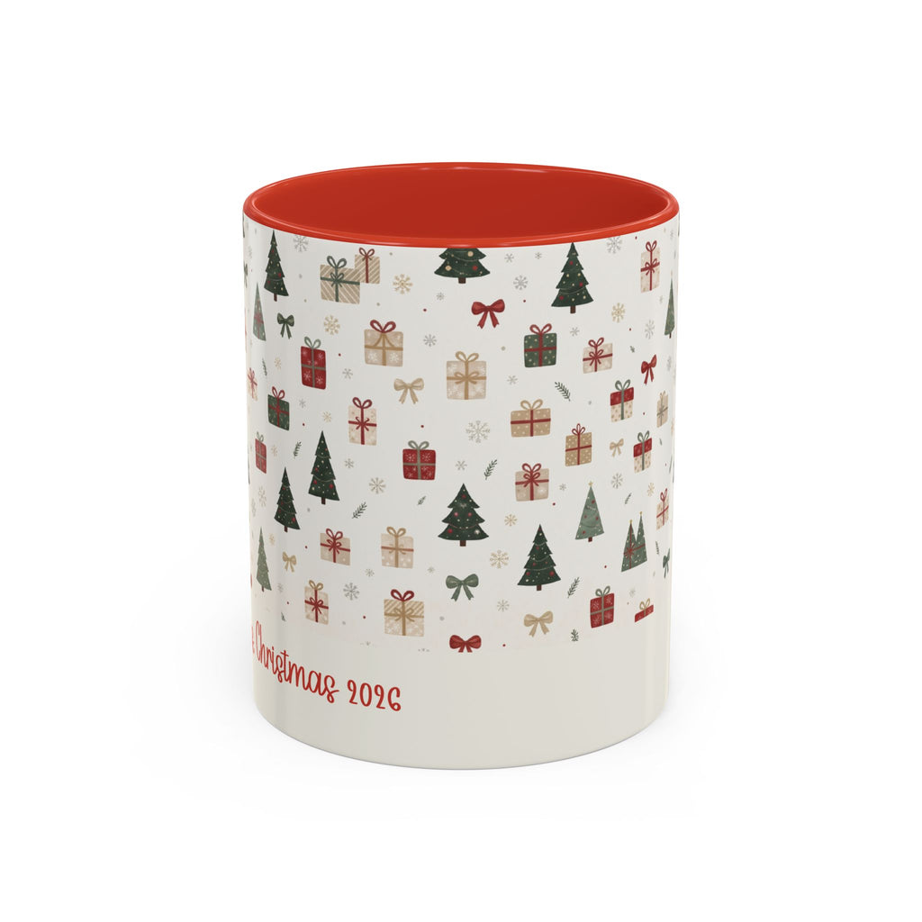 Red personalized Christmas Trees and Gifts mug, 11oz, front view