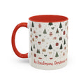 Red personalized Christmas Trees and Gifts mug, 11oz, side view with handle on the left