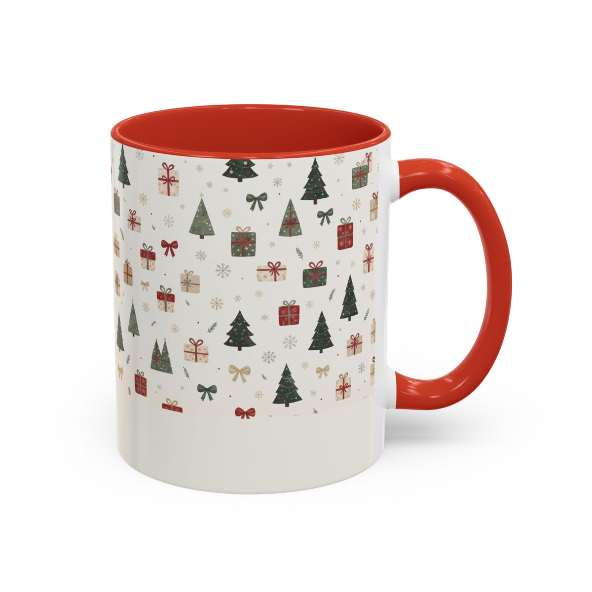 Red personalized Christmas Trees and Gifts mug, 11oz, side view with handle on the right