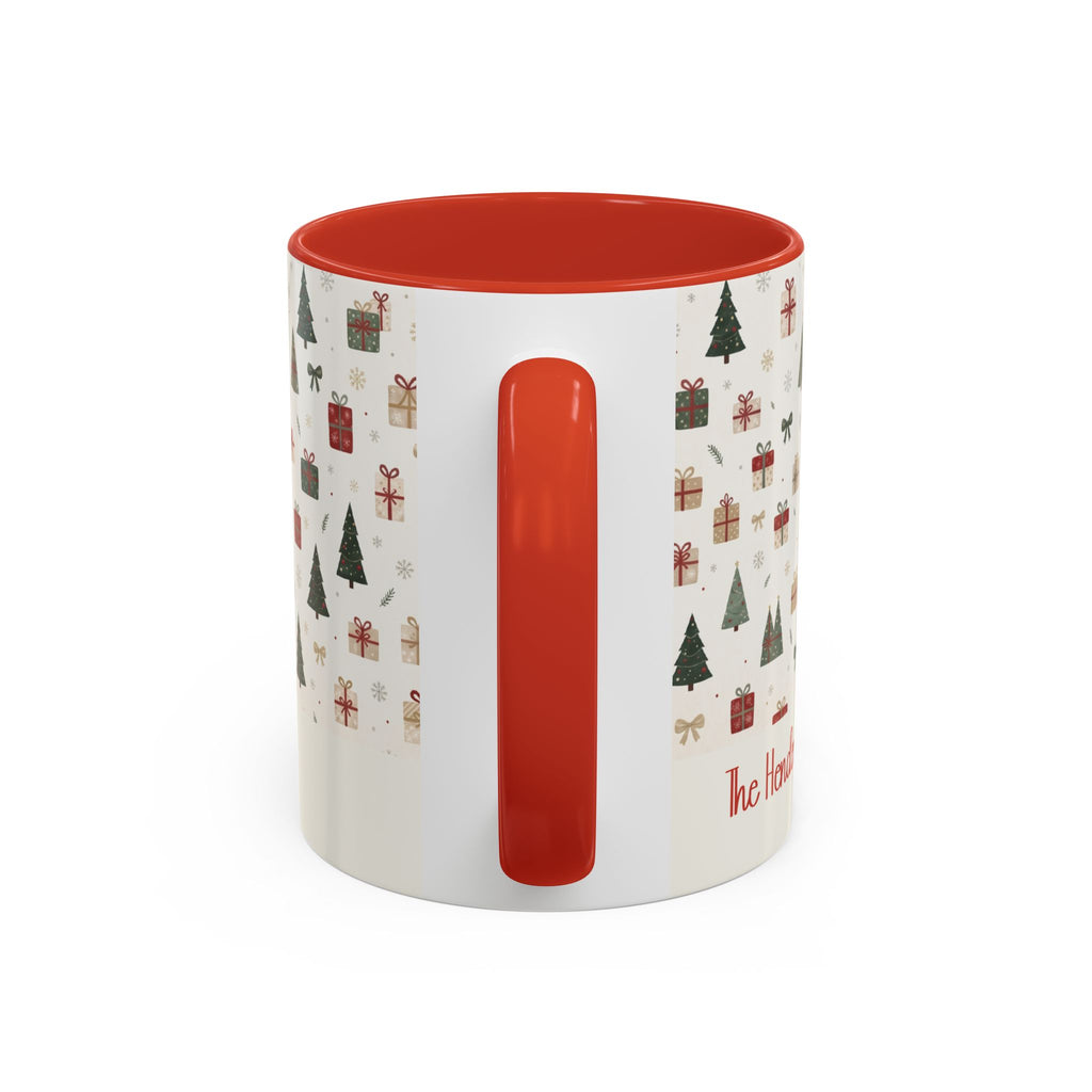 Red personalized Christmas Trees and Gifts mug, 11oz, handle view