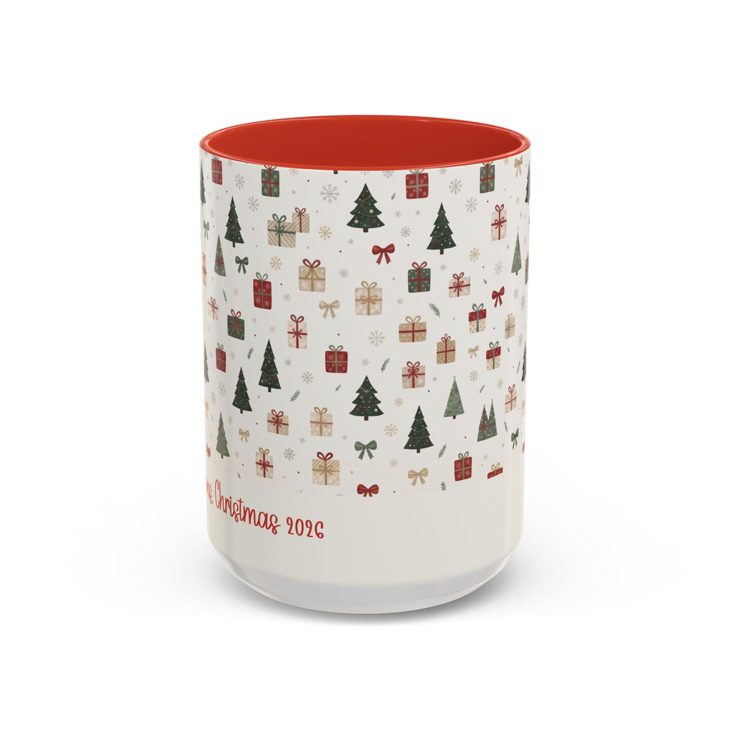 Red personalized Christmas Trees and Gifts mug, 15oz, front view