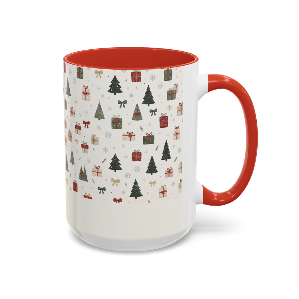 Red personalized Christmas Trees and Gifts mug, 15oz, side view with handle on the right