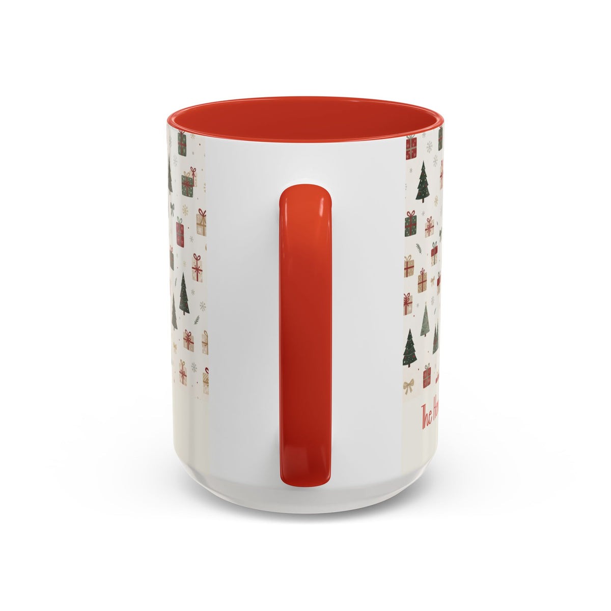 Red personalized Christmas Trees and Gifts mug, 15oz, handle view