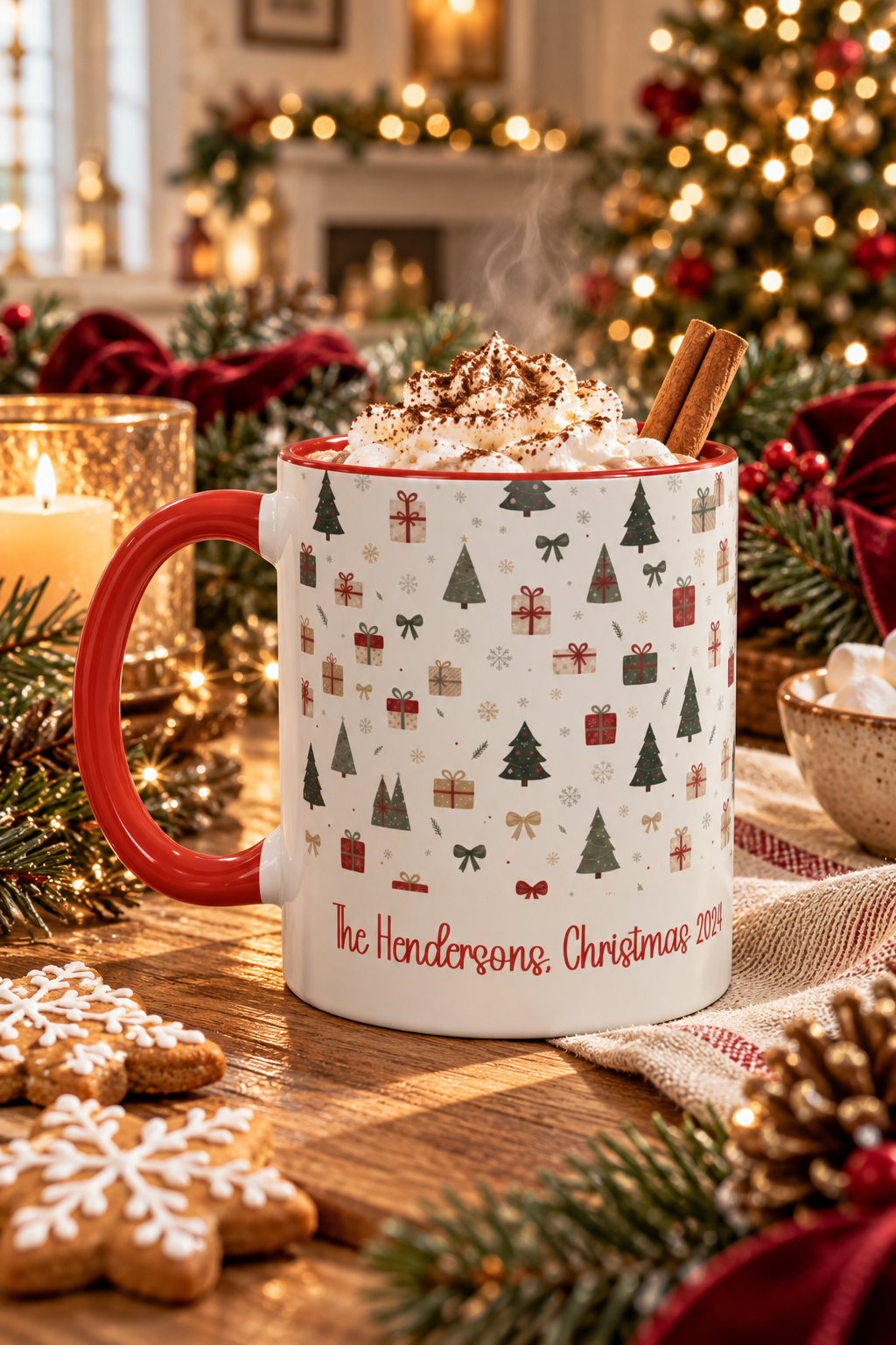 Red personalized Christmas Trees and Gifts mug with hot cocoa and Christmas treats, lifestyle photo