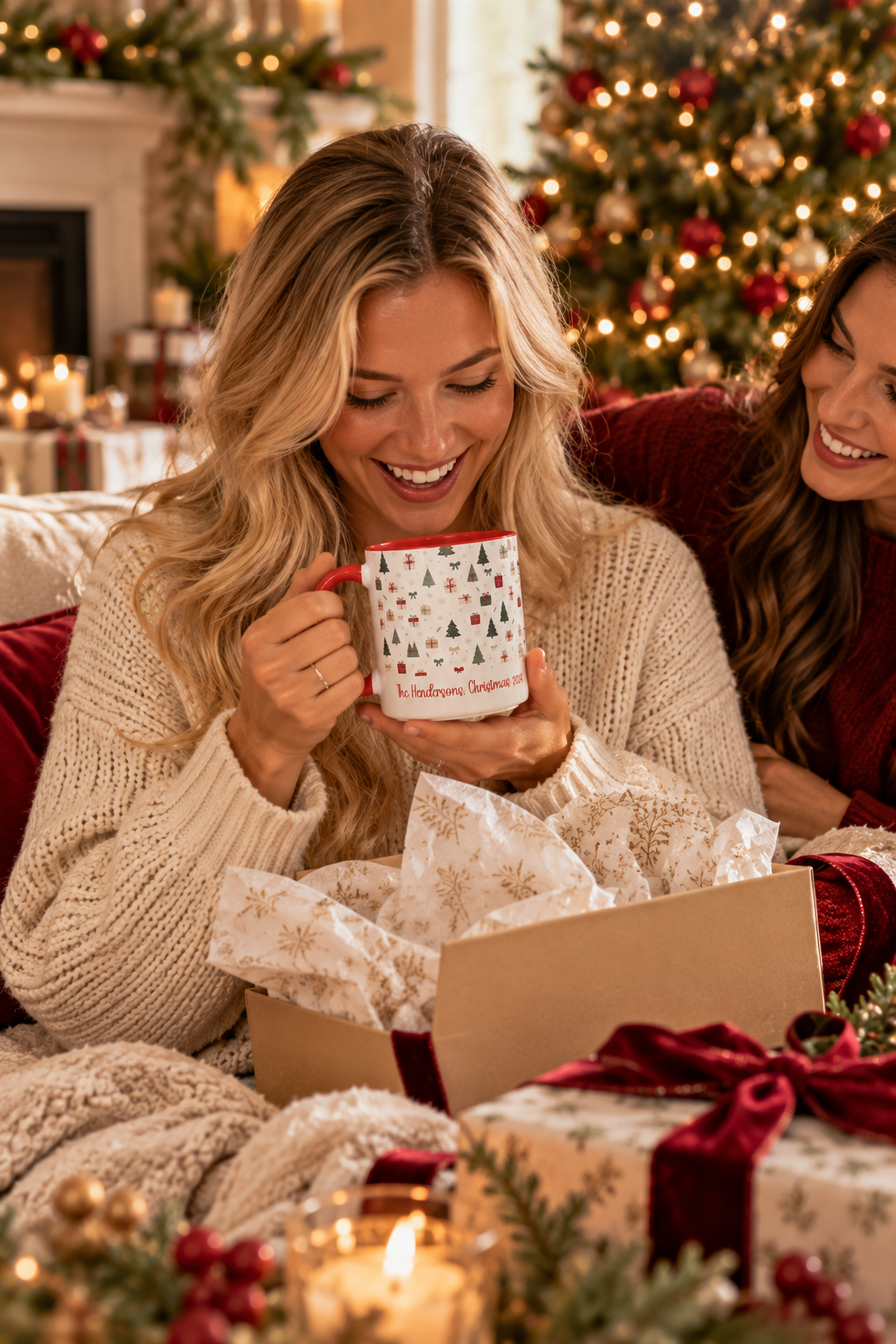 Red personalized Christmas Trees and Gifts mug being unwrapped as a Christmas gift, lifestyle photo