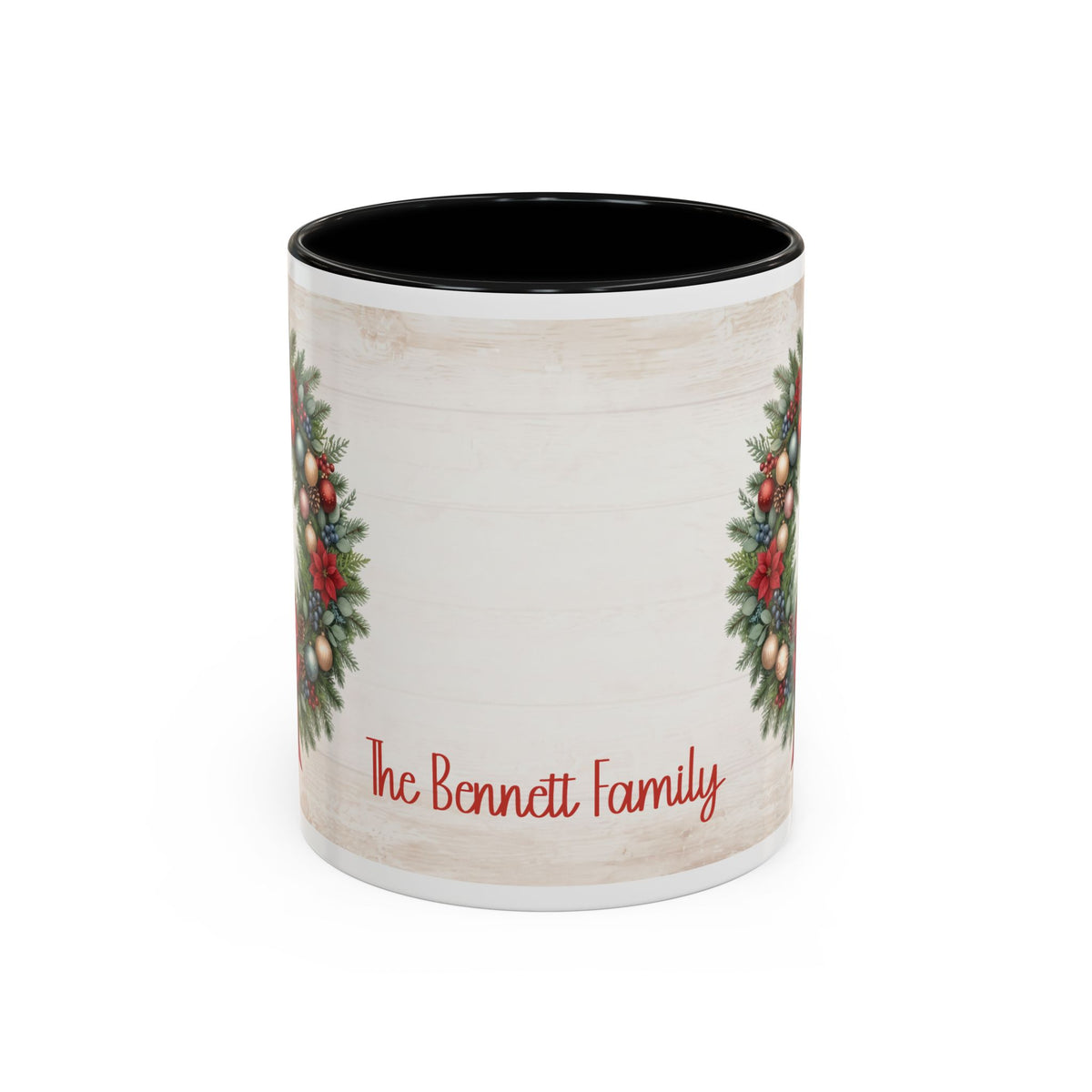 Black personalized Christmas Wreath mug, 11oz, back view with personalized text