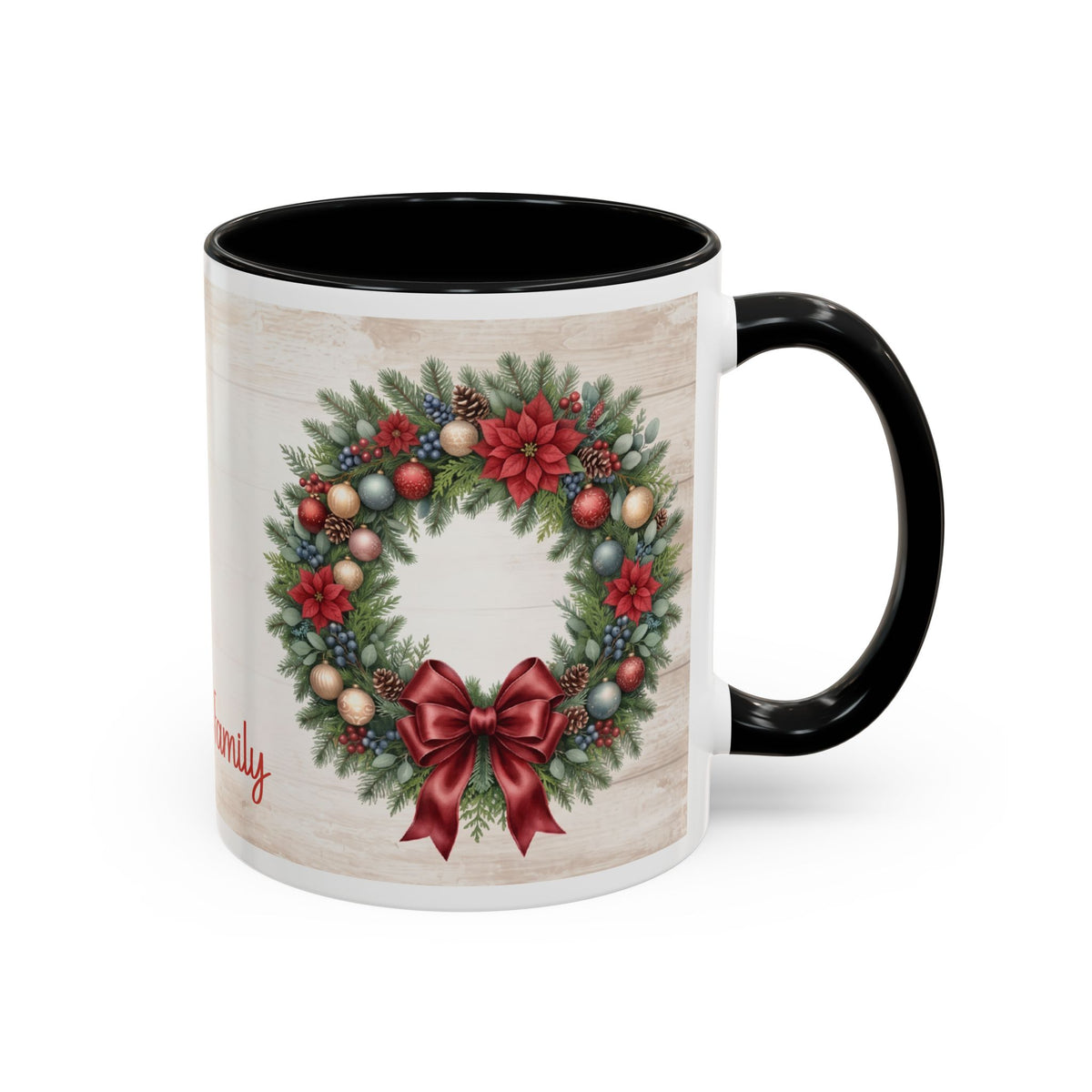 Black personalized Christmas Wreath mug, 11oz, side view with handle on the right