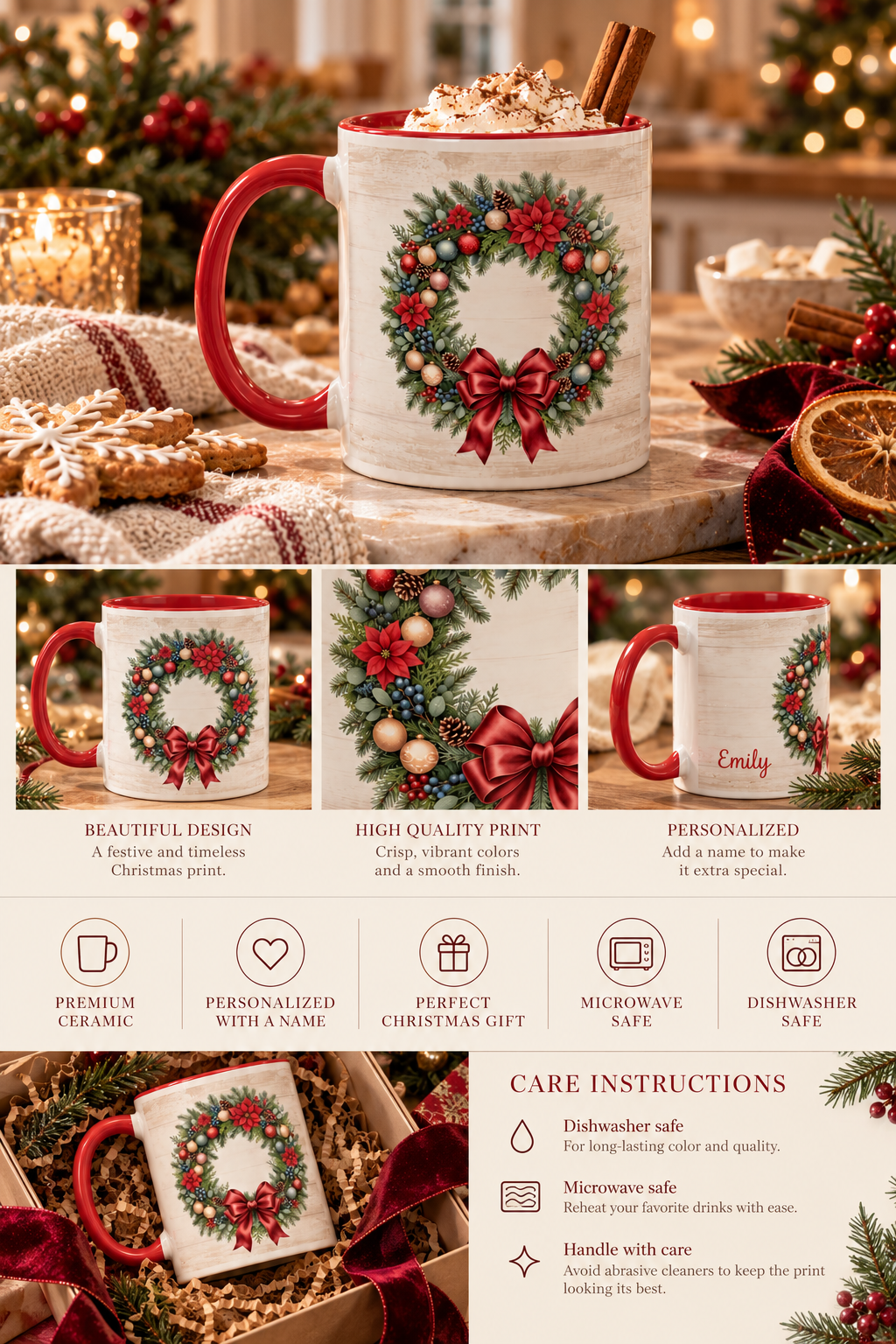 Personalized Christmas Wreath mug infographic with sizes, features and care instructions