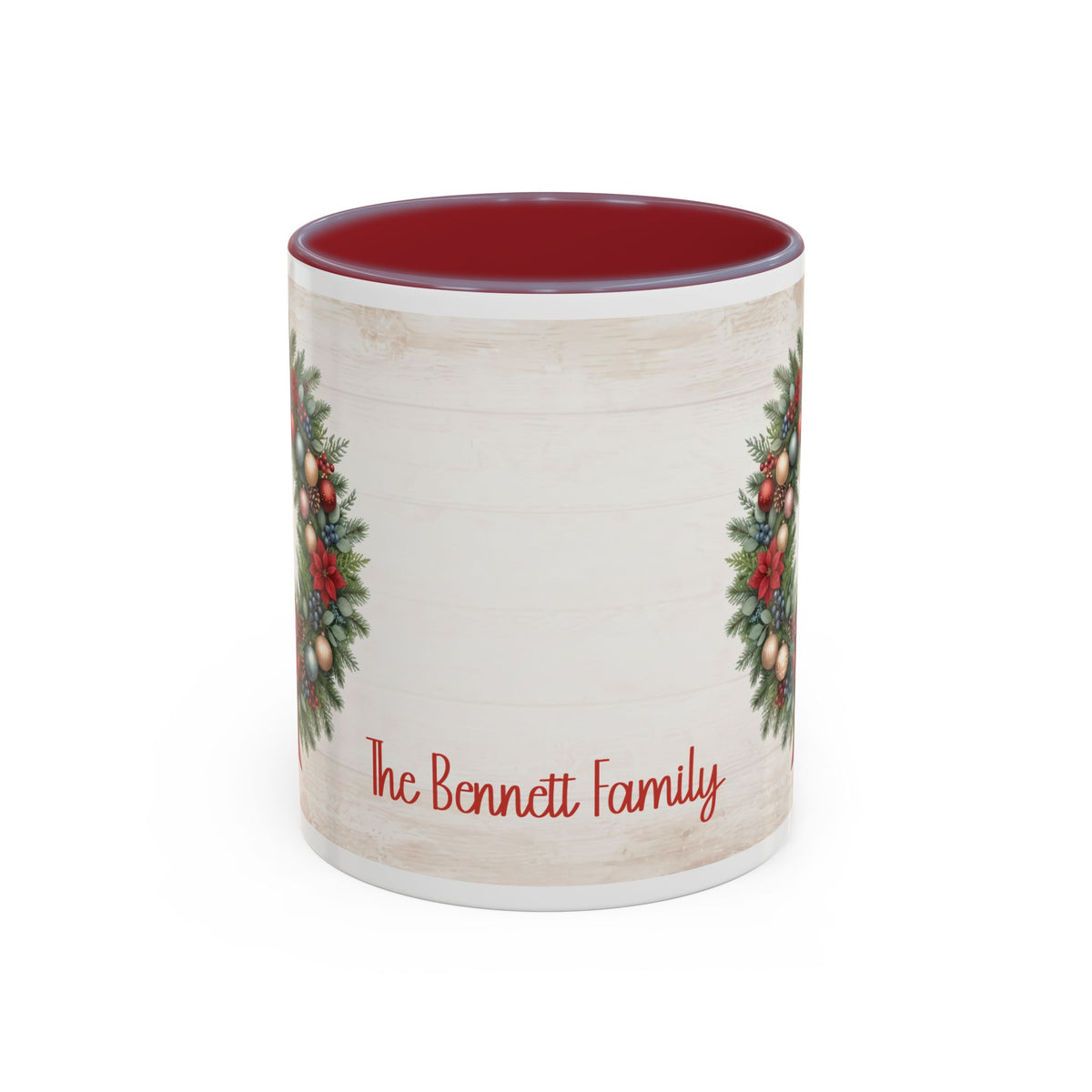Maroon personalized Christmas Wreath mug, 11oz, back view with personalized text