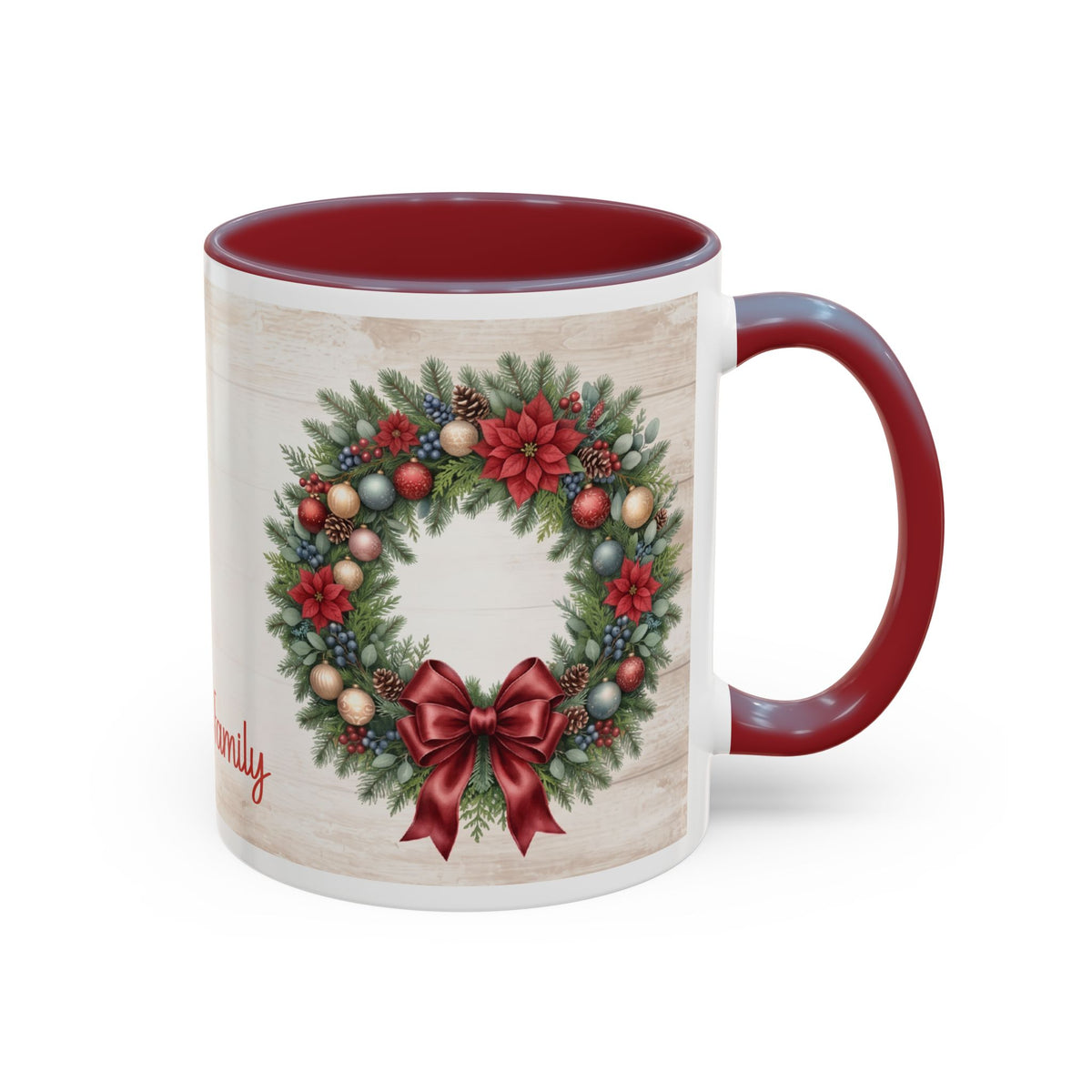 Maroon personalized Christmas Wreath mug, 11oz, side view with handle on the right