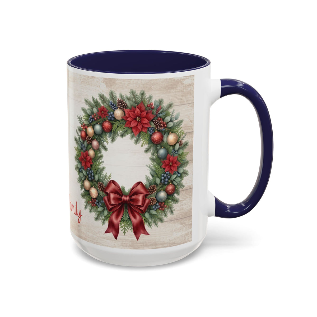 Navy personalized Christmas Wreath mug, 15oz, side view with handle on the right