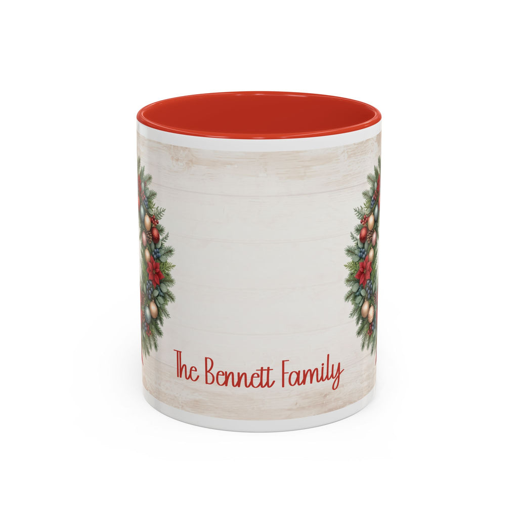Red personalized Christmas Wreath mug, 11oz, back view with personalized text