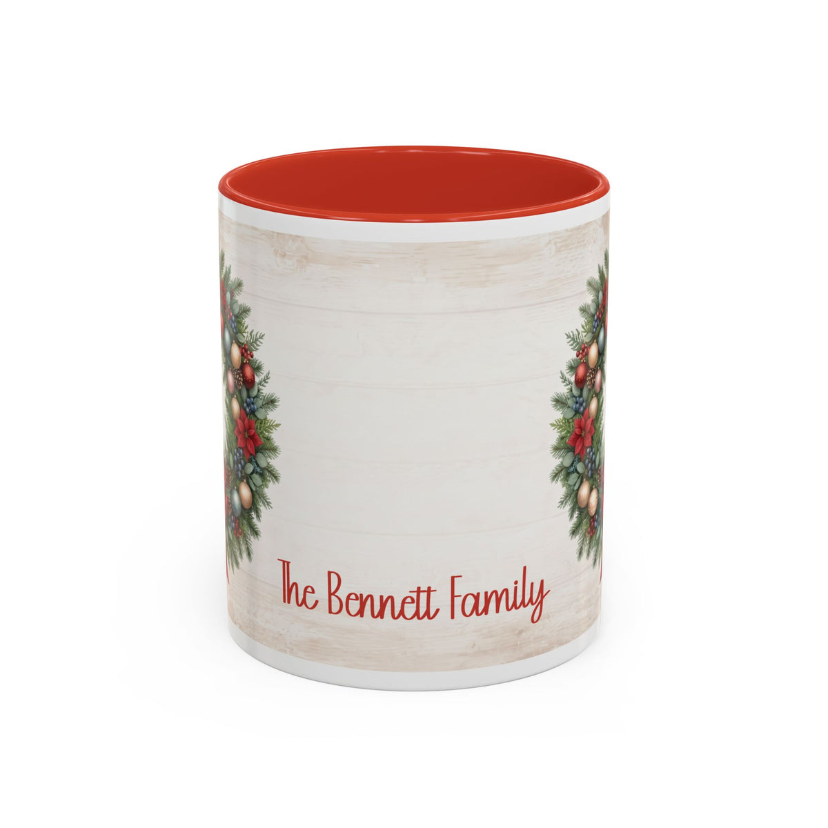 Red personalized Christmas Wreath mug, 11oz, back view with personalized text