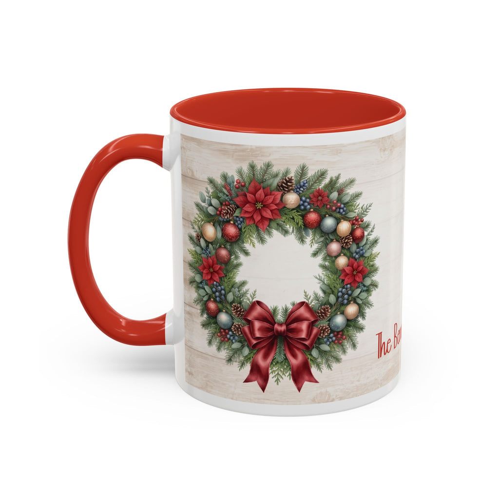 Red personalized Christmas Wreath mug, 11oz, side view with handle on the left