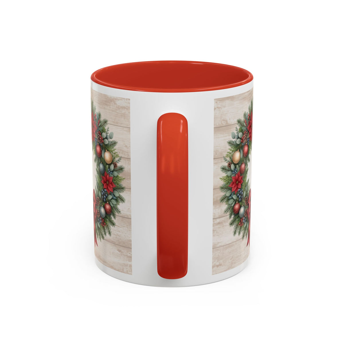 Red personalized Christmas Wreath mug, 11oz, handle view