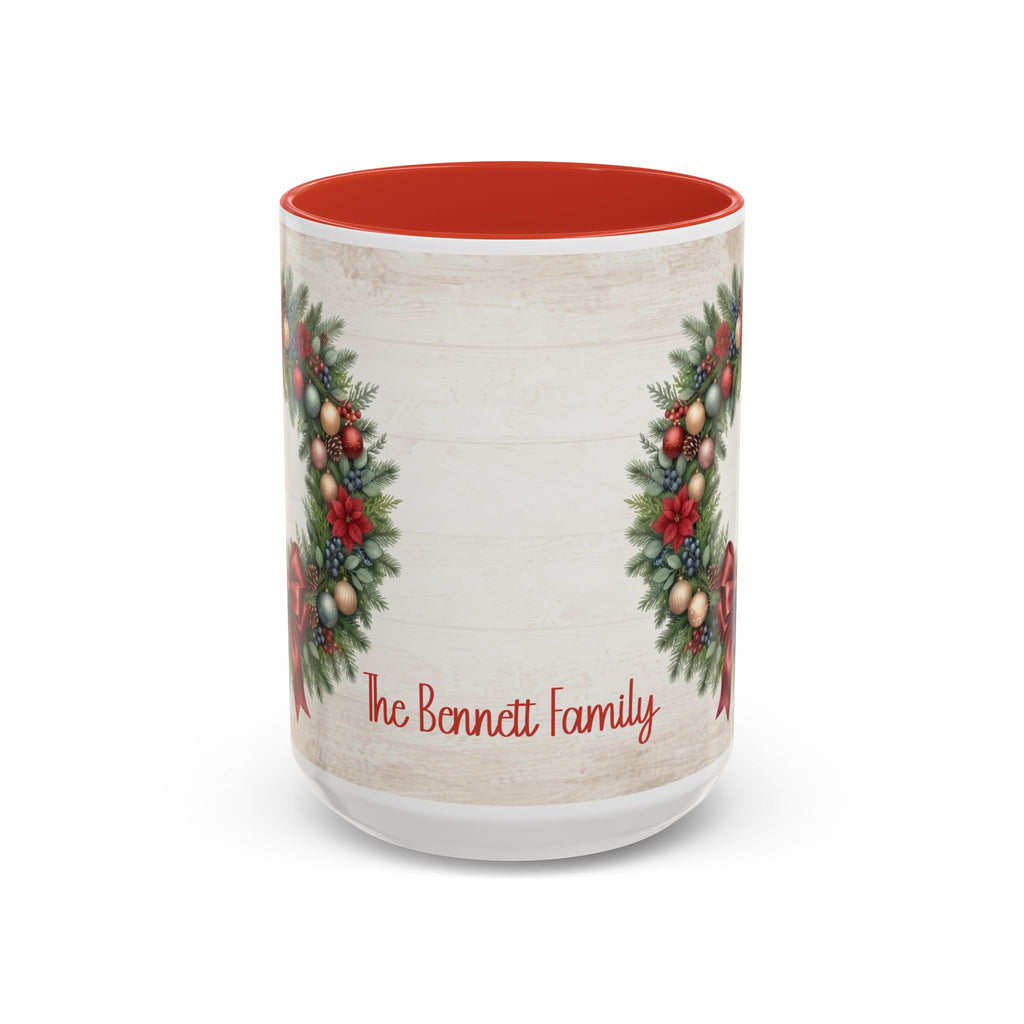 Red personalized Christmas Wreath mug, 15oz, back view with personalized text