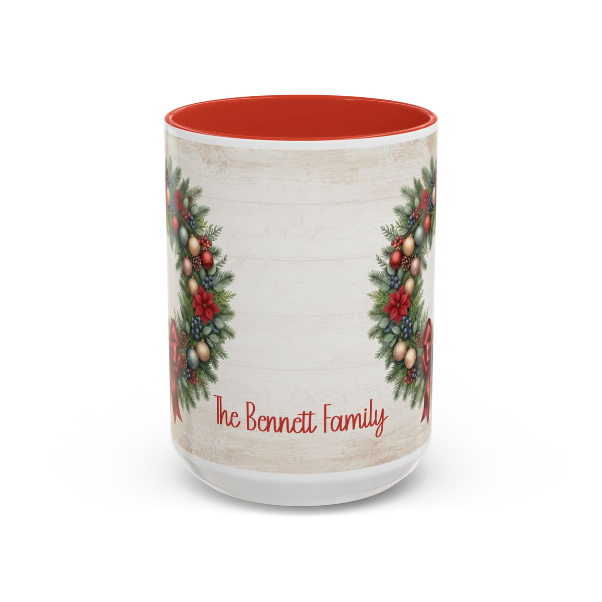 Red personalized Christmas Wreath mug, 15oz, back view with personalized text