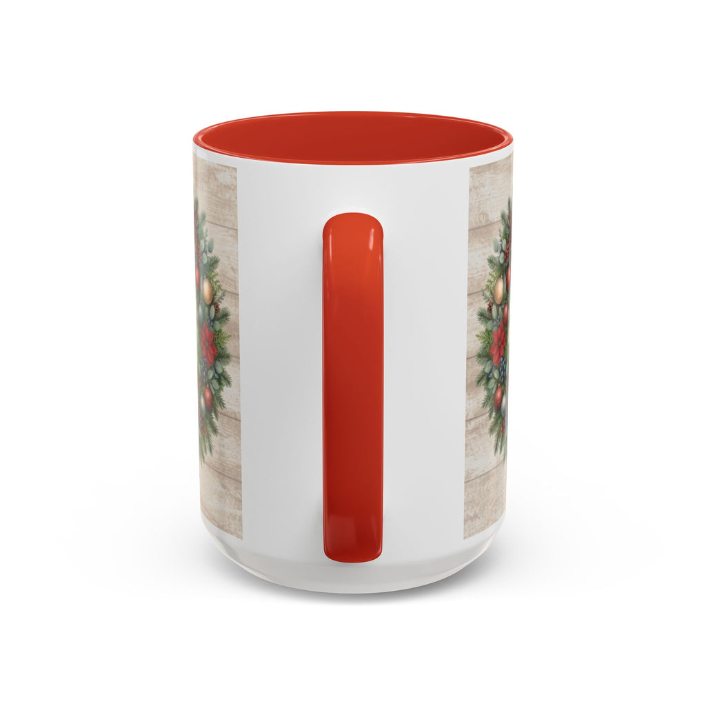 Red personalized Christmas Wreath mug, 15oz, handle view