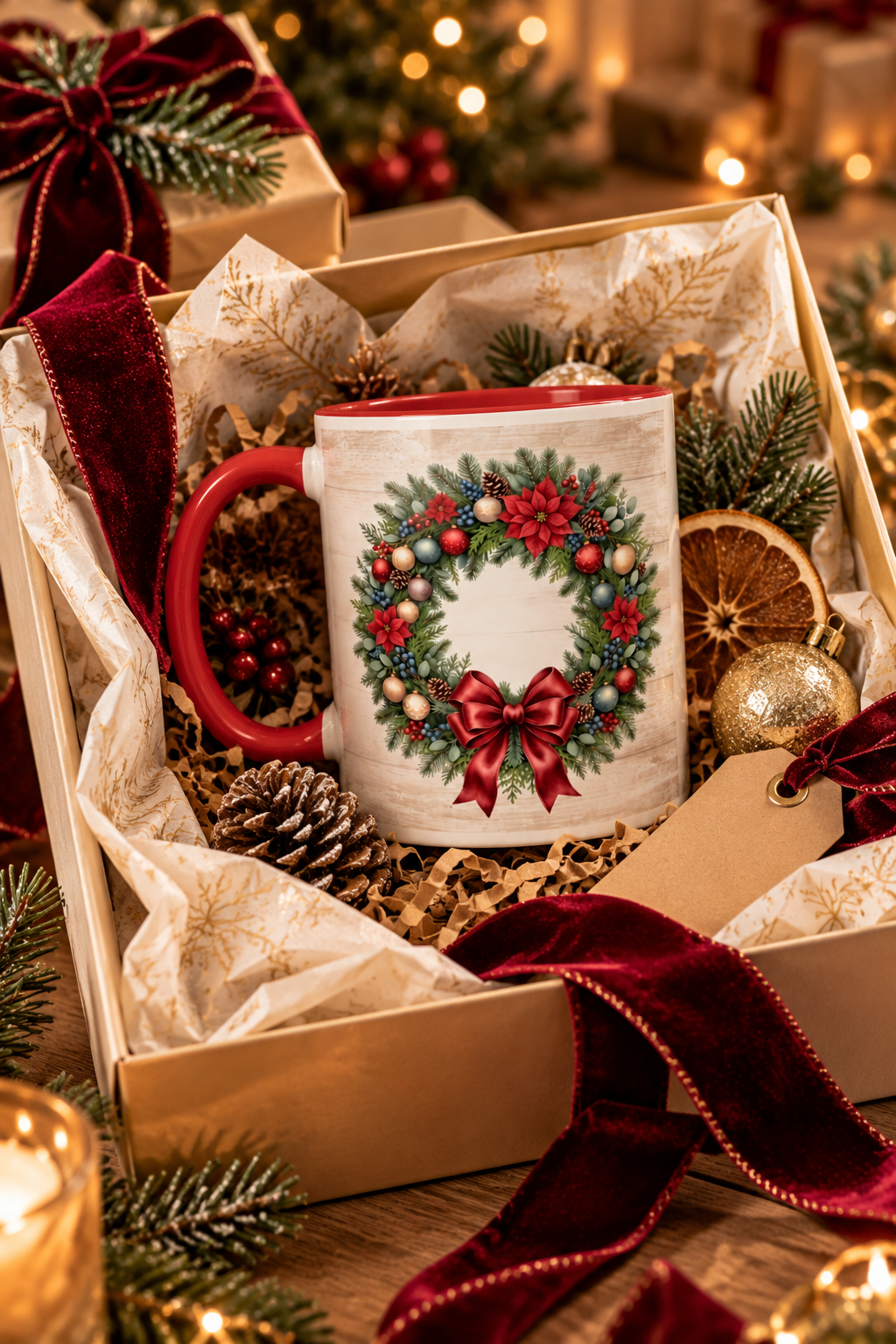 Red personalized Christmas Wreath mug in a Christmas gift box, lifestyle photo