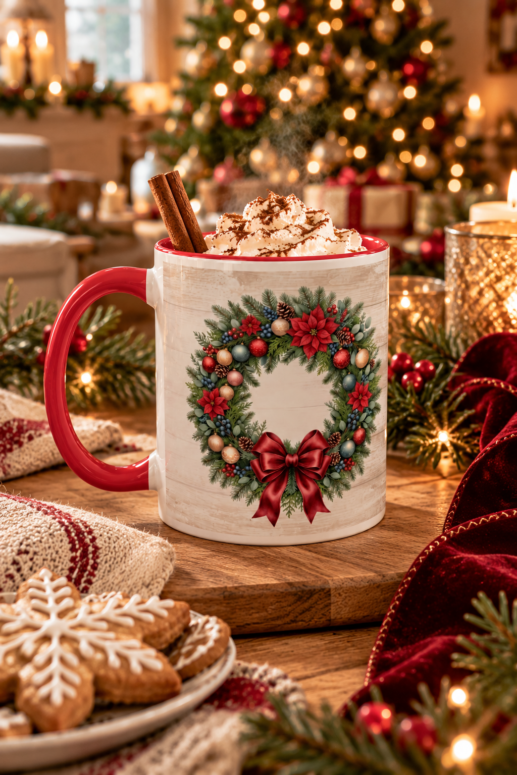 Red personalized Christmas Wreath mug on a cozy holiday table, lifestyle photo