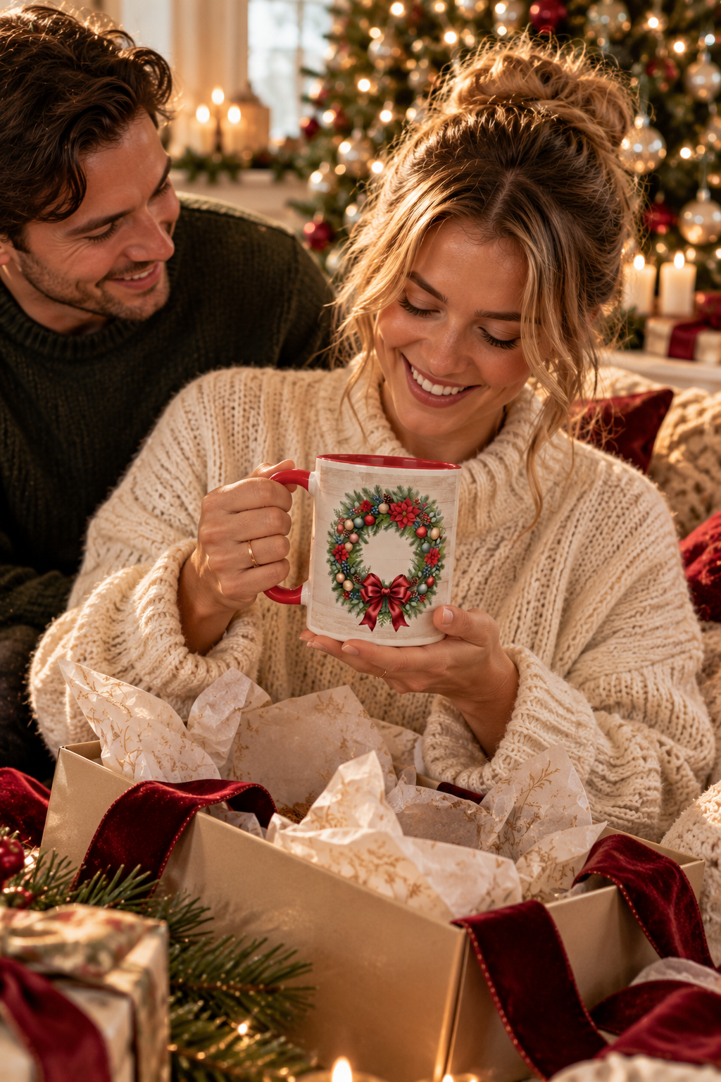 Red personalized Christmas Wreath mug being unwrapped as a Christmas gift, lifestyle photo