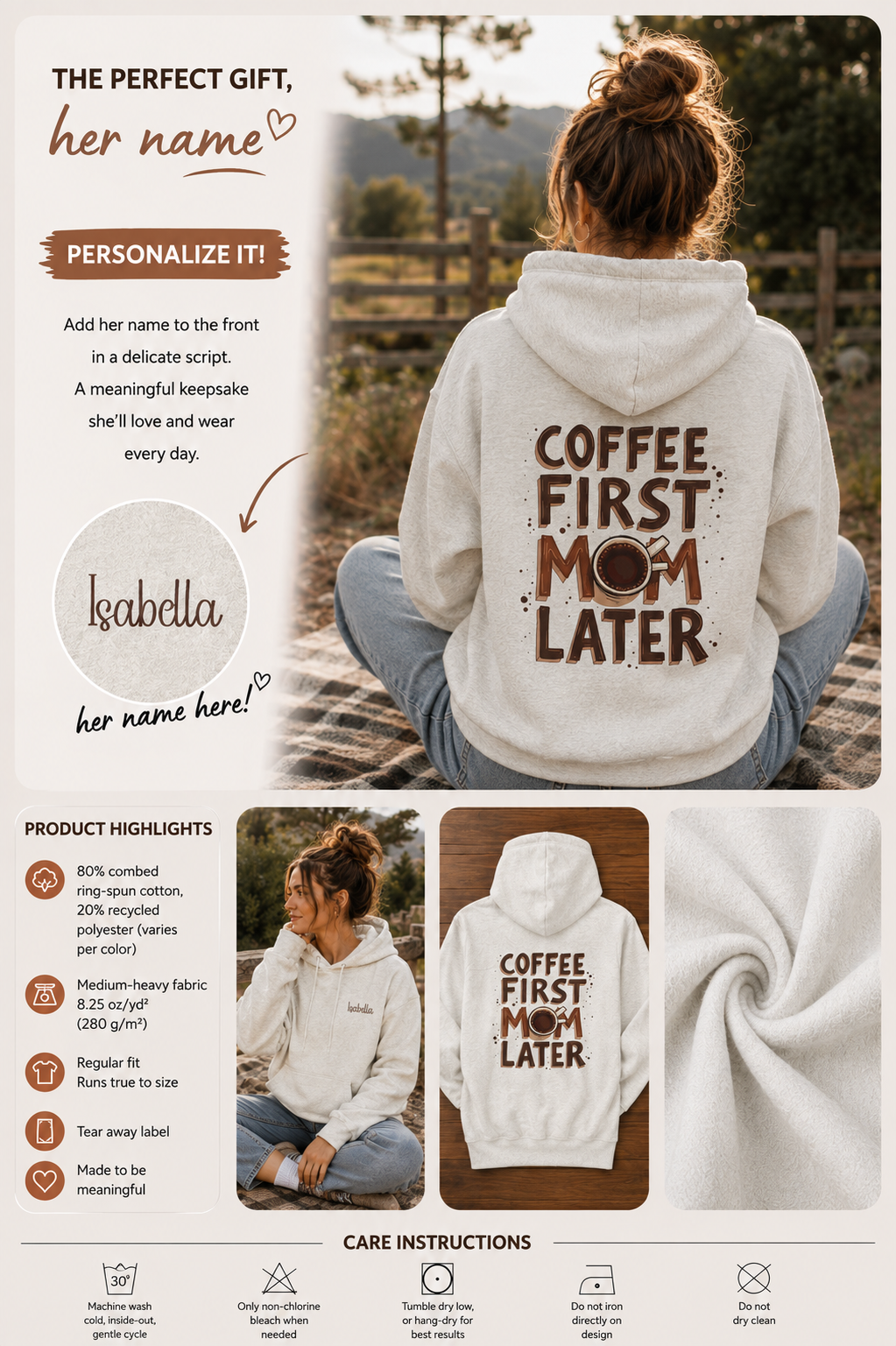 A personalized white hoodie shown from the back on a seated woman outdoors, with large brown text reading 'COFFEE FIRST MOM LATER.' The layout includes informational text, a circular name placeholder, product highlights, and care instructions on a light beige background. Front is personalizable you can change the name. Special gift for mom.