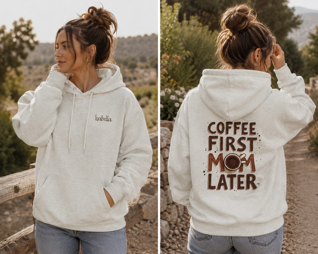 A woman modeling a light heather gray hoodie outdoors, shown from both the front and back. The front has a small embroidered script logo on the left chest, and the back features a large brown graphic reading 'COFFEE FIRST MOM LATER' with a coffee cup illustration. Special gift for Mom.