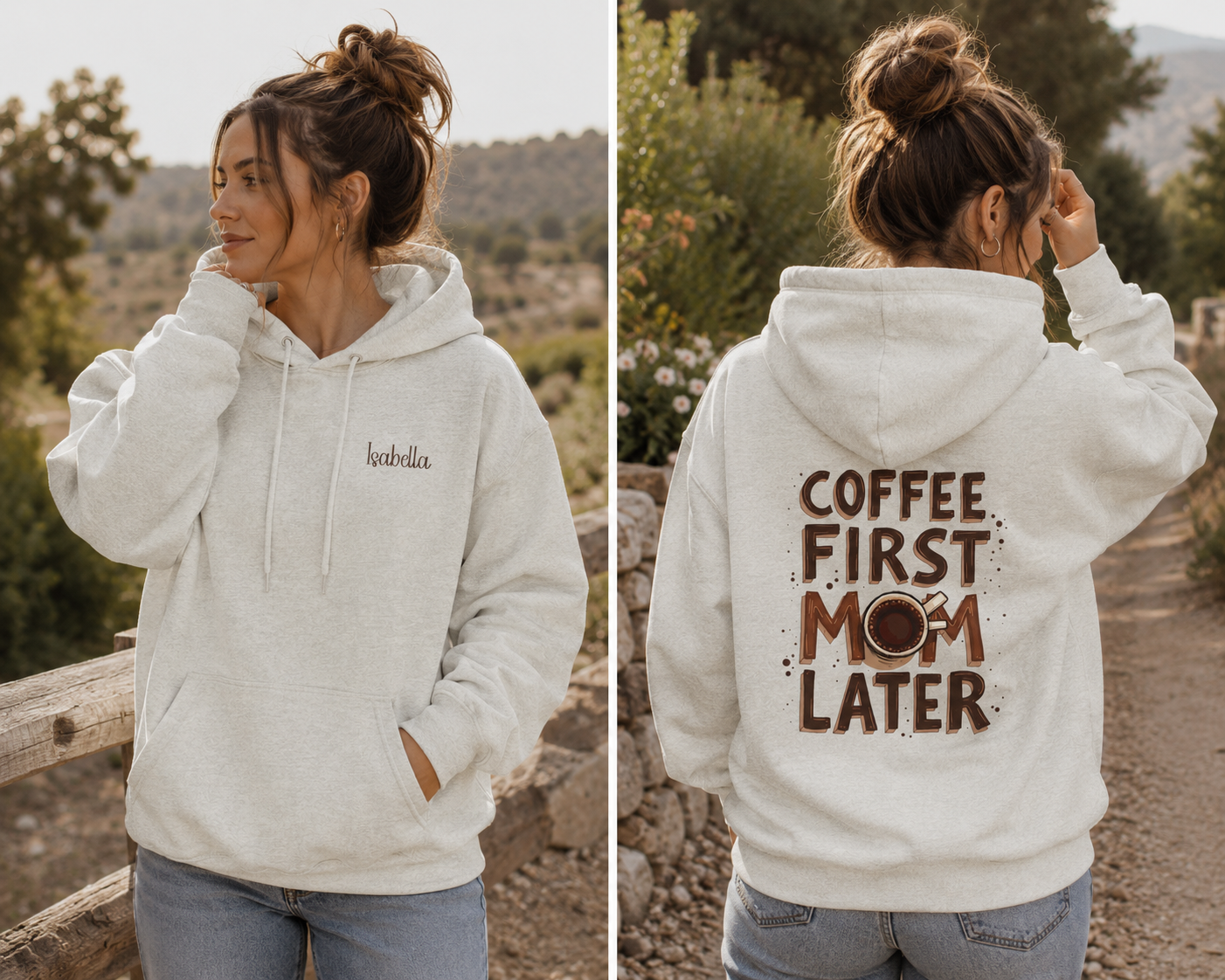 A woman modeling a light heather gray hoodie outdoors, shown from both the front and back. The front has a small embroidered script logo on the left chest, and the back features a large brown graphic reading 'COFFEE FIRST MOM LATER' with a coffee cup illustration. Special gift for Mom.