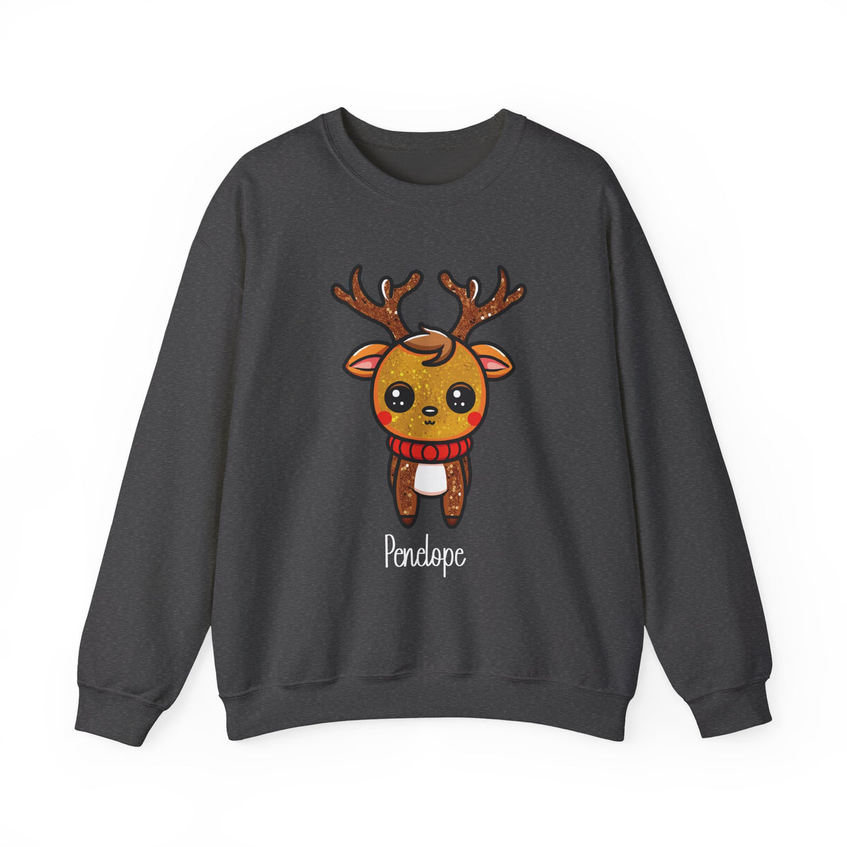 Dark Heather personalized Cute Reindeer sweatshirt, front view
