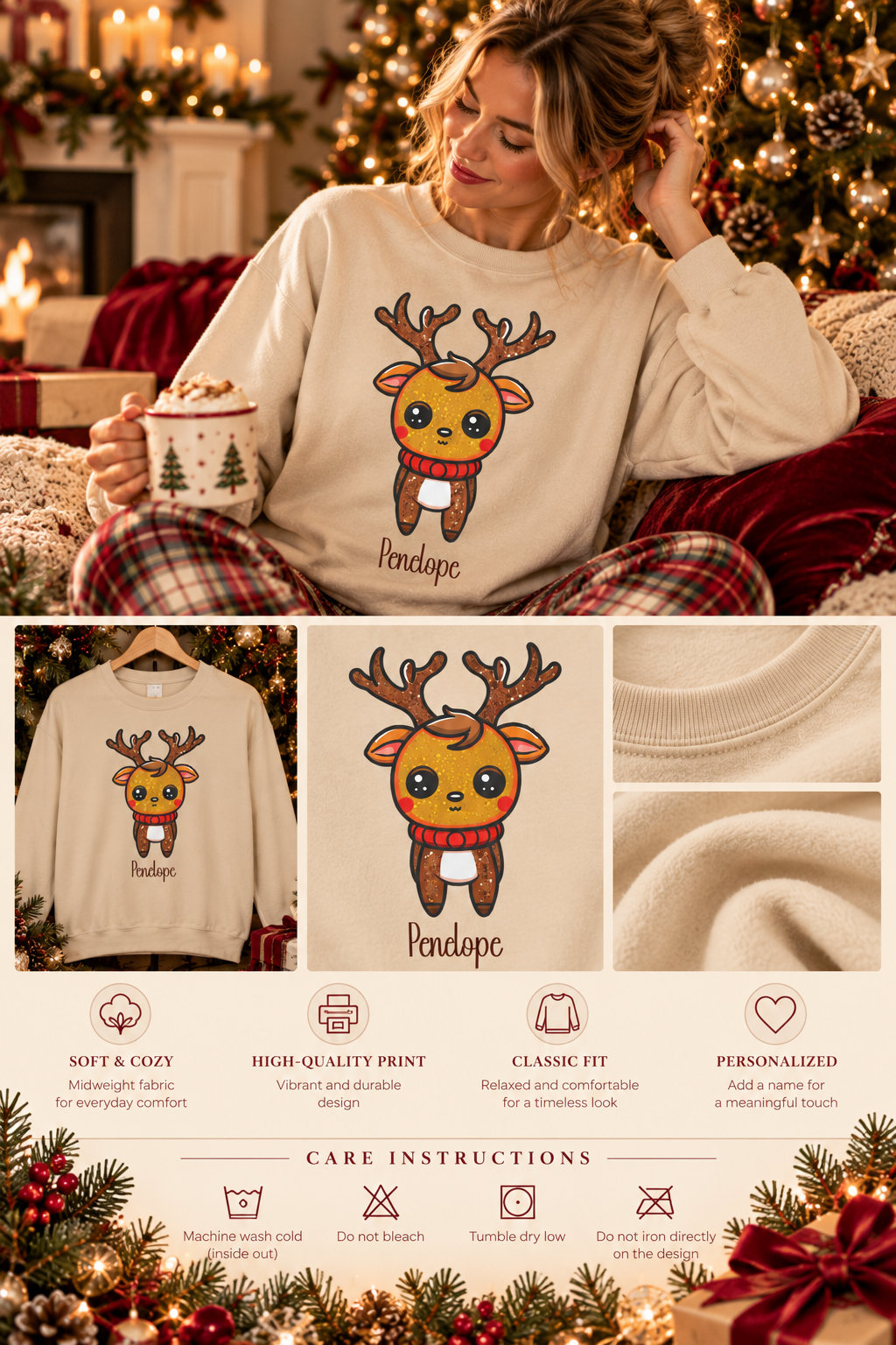 Personalized Cute Reindeer sweatshirt infographic with features, gift details and care instructions