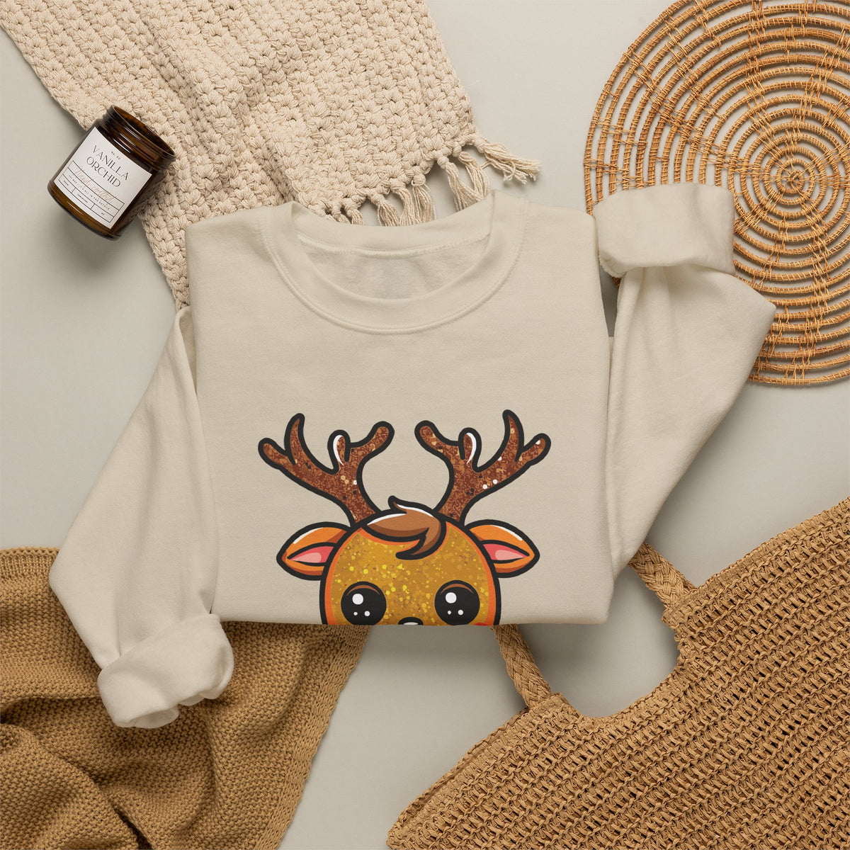 Sand personalized Cute Reindeer sweatshirt, flat lay with cozy knit blanket
