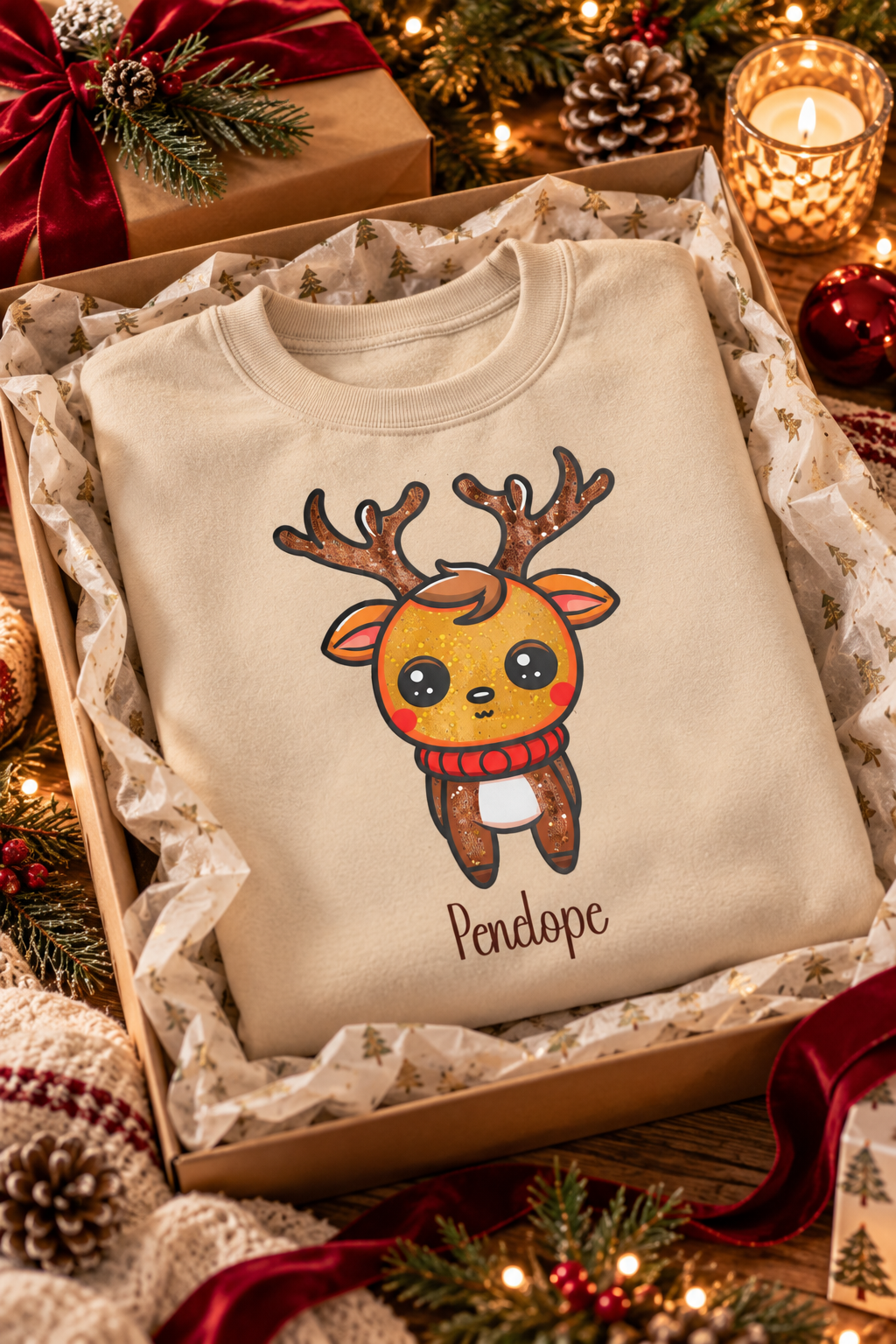 Sand personalized Cute Reindeer sweatshirt, in a Christmas gift box, lifestyle photo