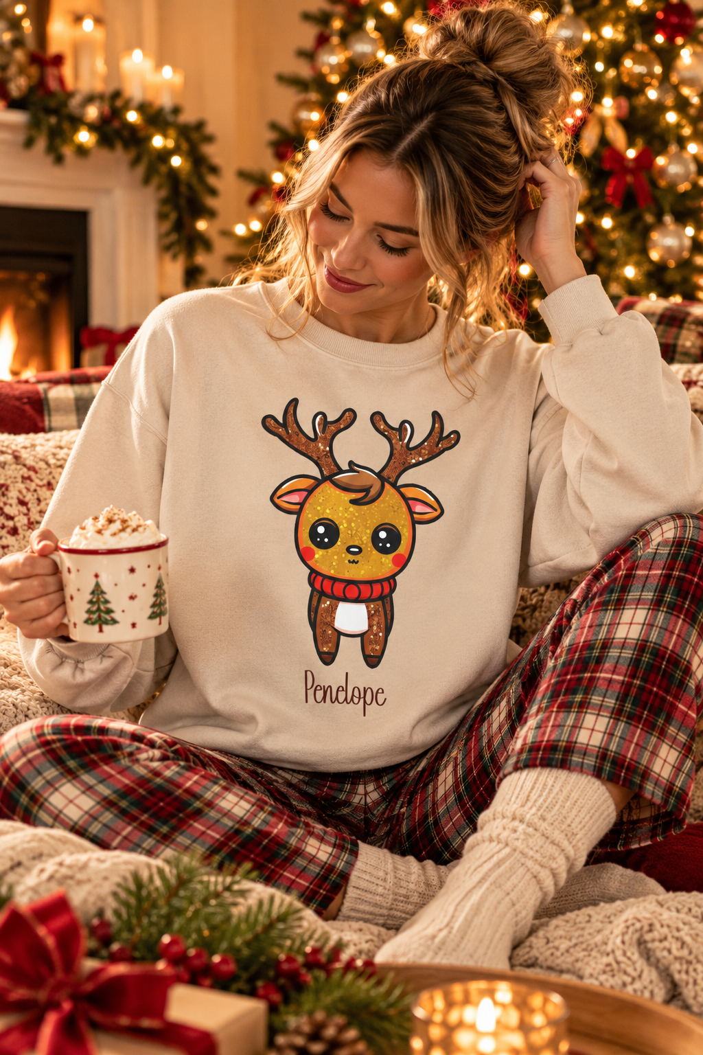 Sand personalized Cute Reindeer sweatshirt, lifestyle photo by the Christmas tree