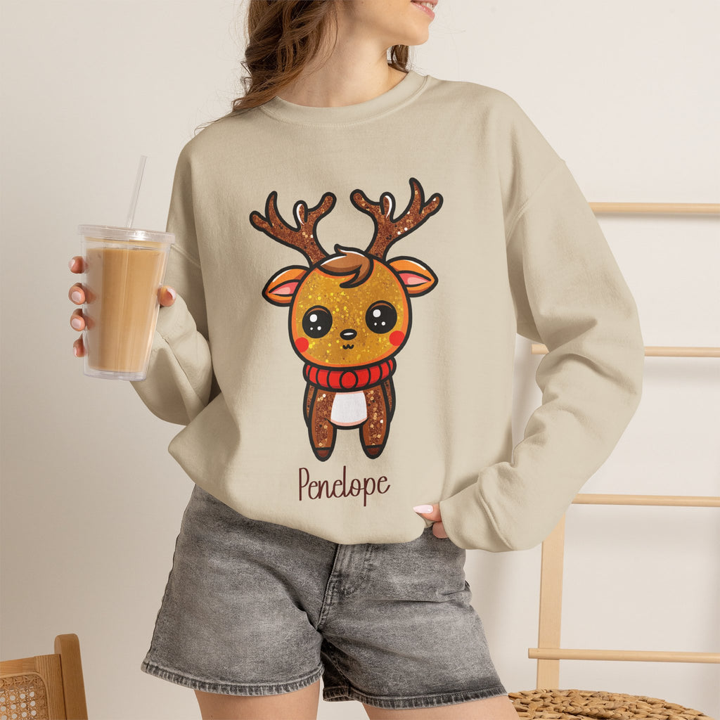 Sand personalized Cute Reindeer sweatshirt, worn by model
