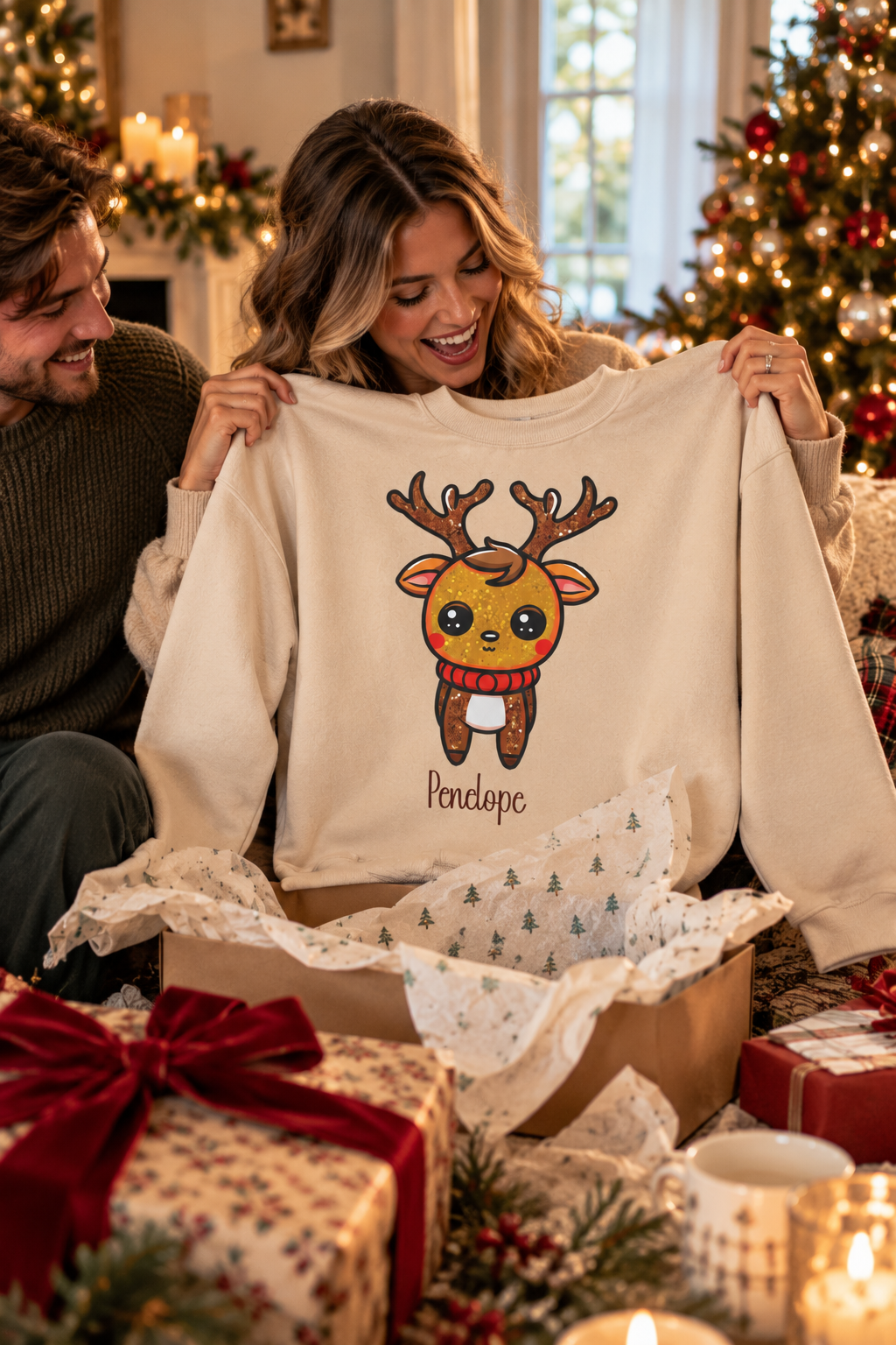 Sand personalized Cute Reindeer sweatshirt, couple unwrapping it as a Christmas gift, lifestyle photo