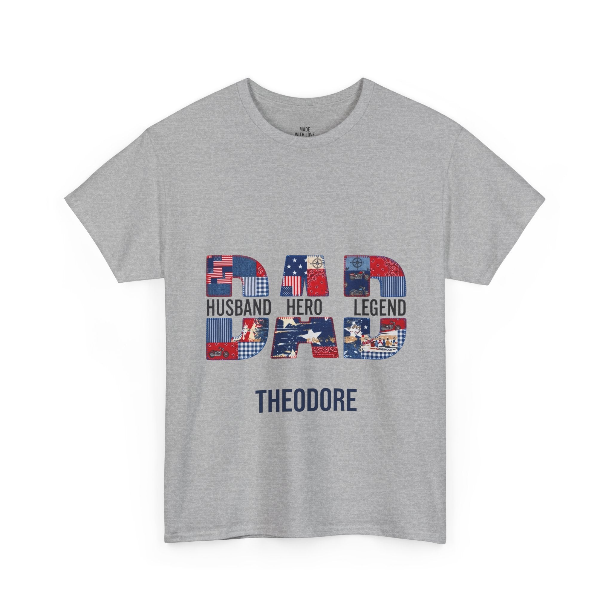 Personalized Dad Husband Hero Legend t-shirt with American flag lettering and a custom name
