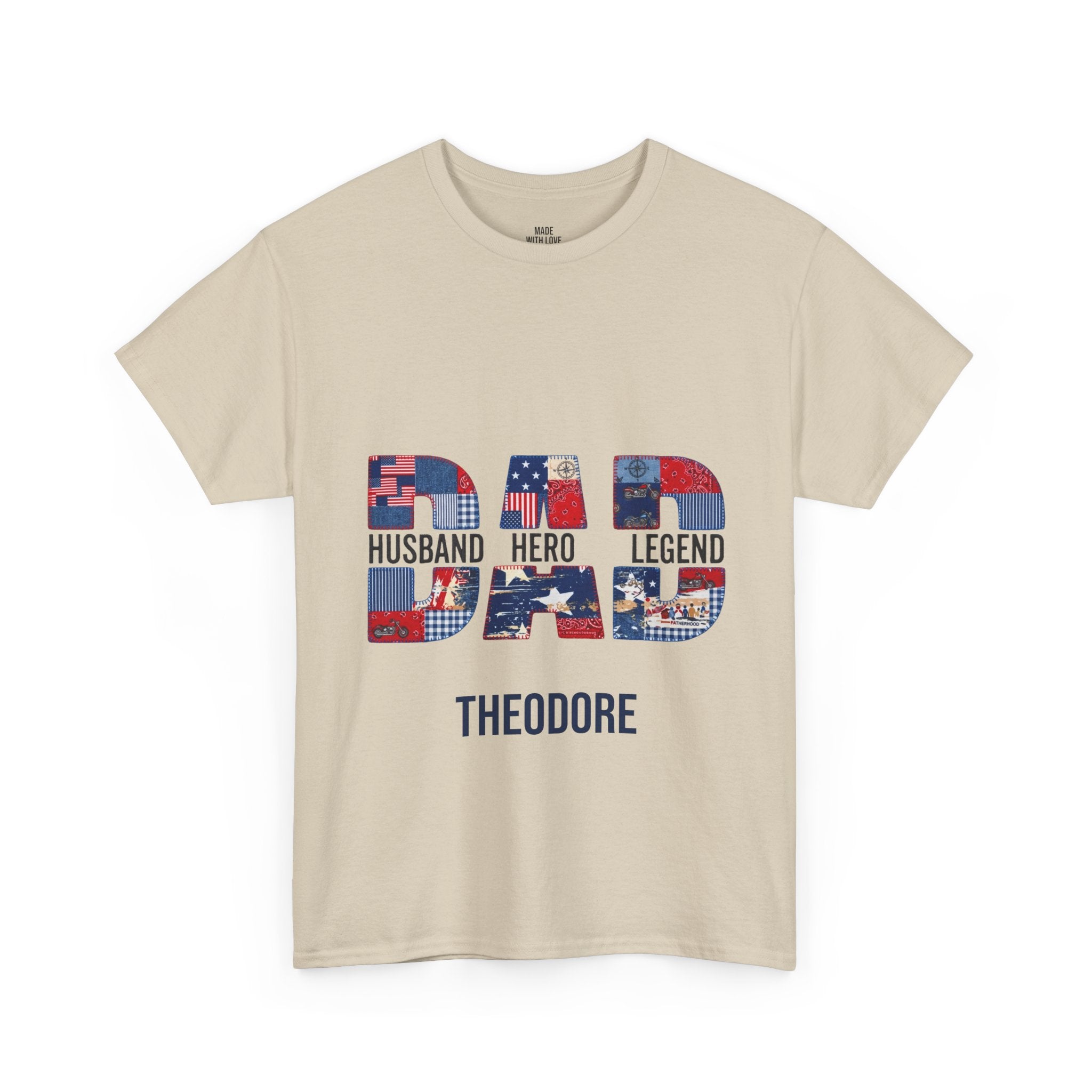 Dad Husband Hero Legend t-shirt shown in a solid color