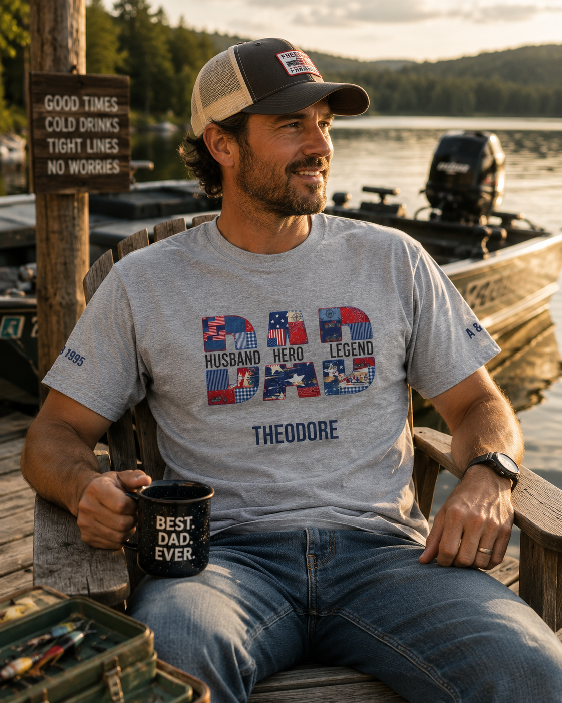 Dad t-shirt information graphic with fabric, fit, colors and personalization details