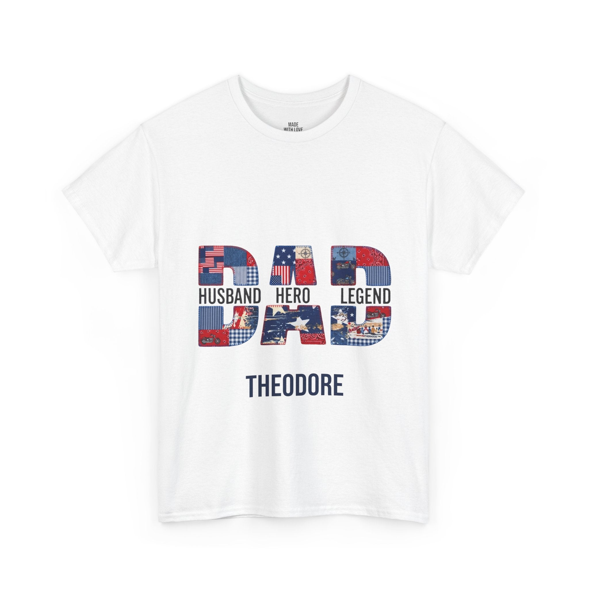 Personalized Dad Husband Hero Legend t-shirt worn in a relaxed lifestyle setting