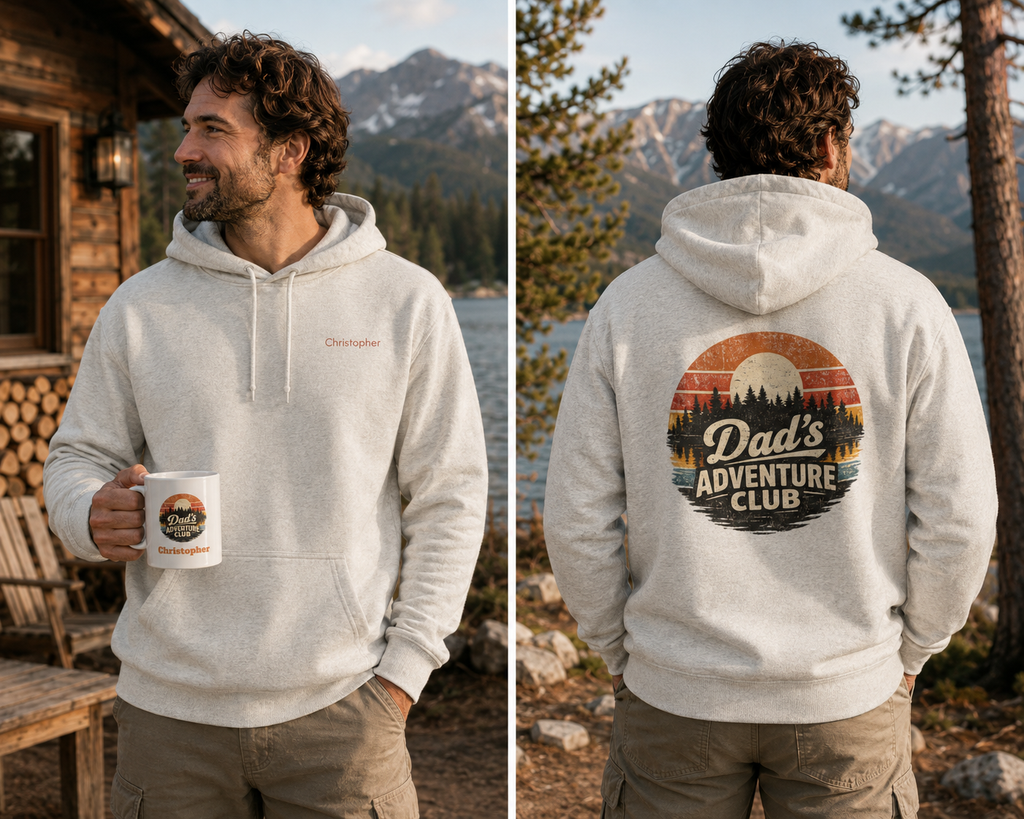 A man wearing a light heather gray hoodie is shown in a split front-and-back view outdoors near a lake and mountains. The front has a small embroidered chest logo, and the back features a large circular sunset graphic reading 'Dad's Adventure Club. Name is customizable. Special gift for him.
