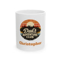 Personalized Dad's Adventure Club mug with a retro sunset, pine forest, lake, and a custom name
