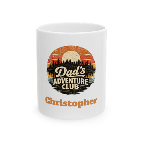 Personalized Dad's Adventure Club mug with a retro sunset, pine forest, lake, and a custom name