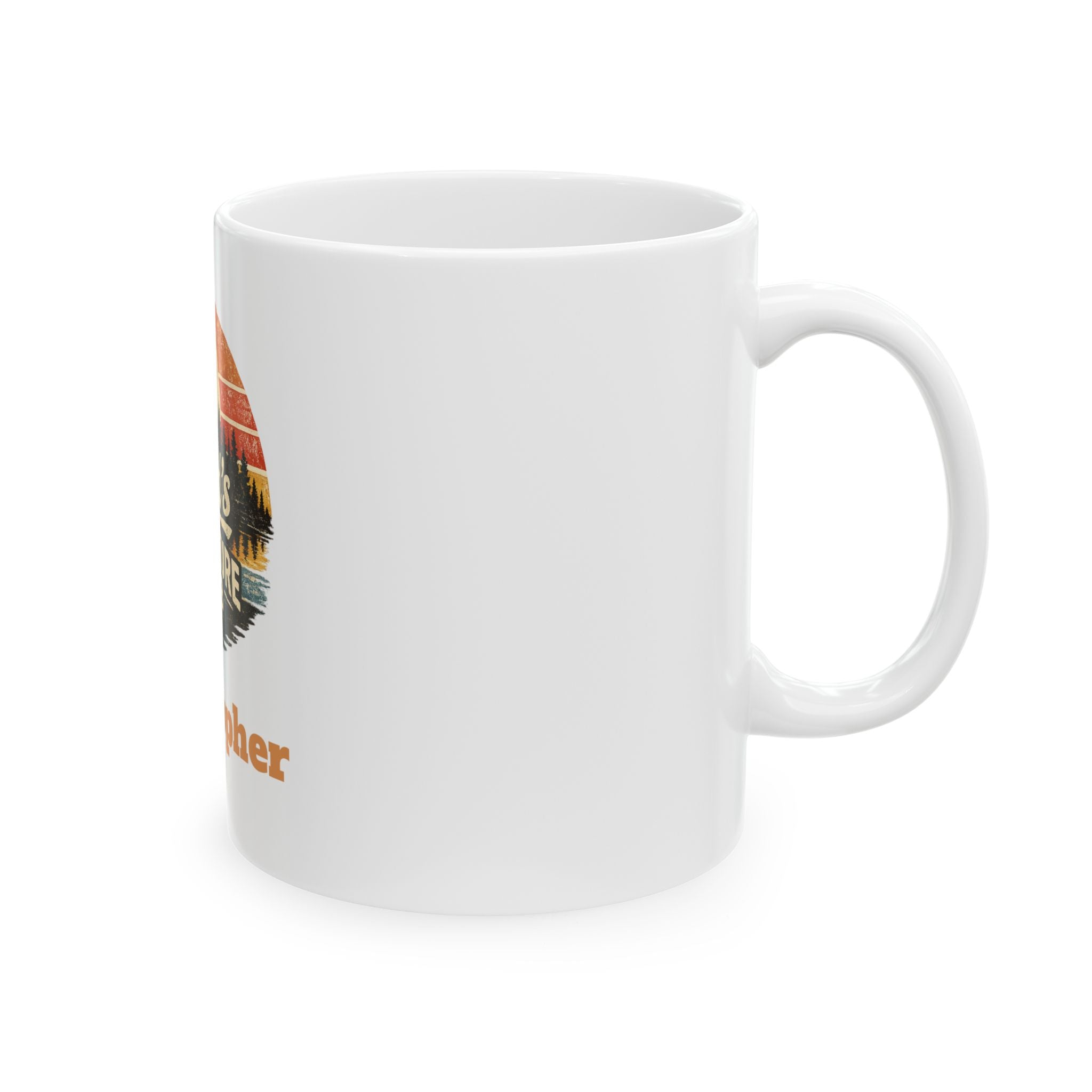 Dad's Adventure Club mug with the handle in view