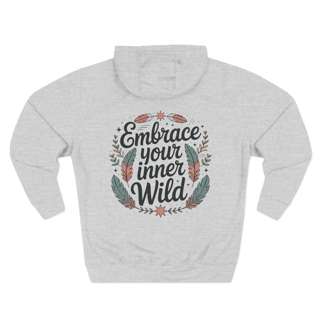 Heather grey personalized hoodie, back view, with “Embrace Your Inner Wild” design