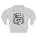 Heather grey personalized hoodie, back view, with “Embrace Your Inner Wild” design