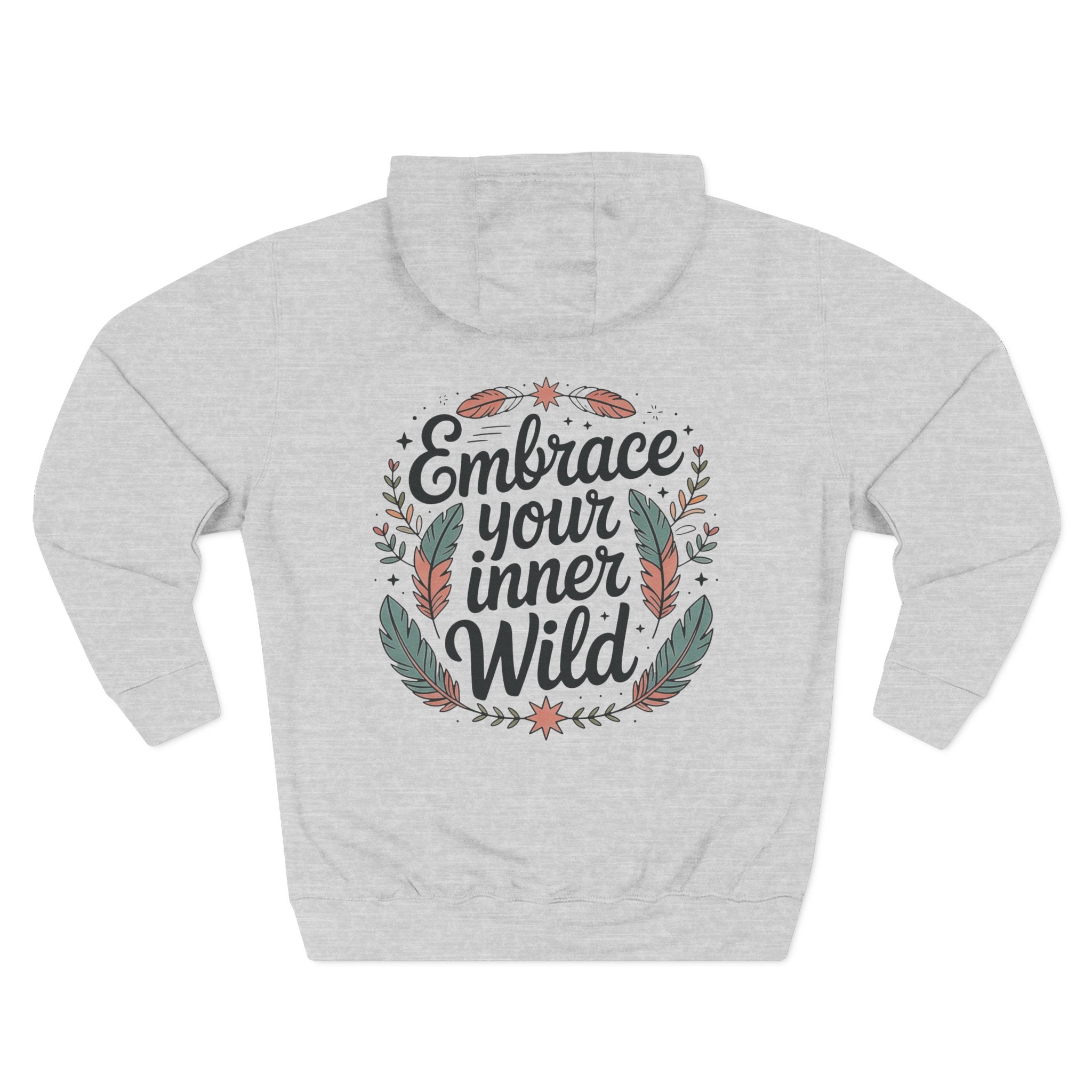 Heather grey personalized hoodie, back view, with “Embrace Your Inner Wild” design