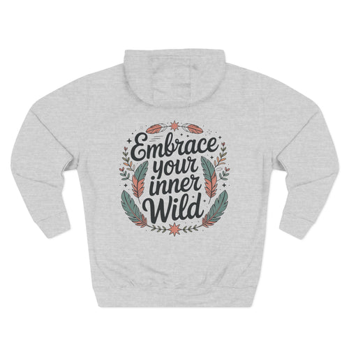 Heather grey personalized hoodie, back view, with “Embrace Your Inner Wild” design