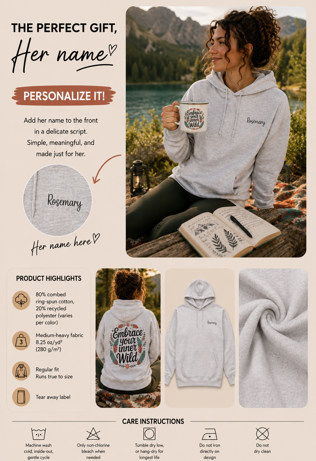 Product information graphic showing personalization placement, fabric details, and care instructions